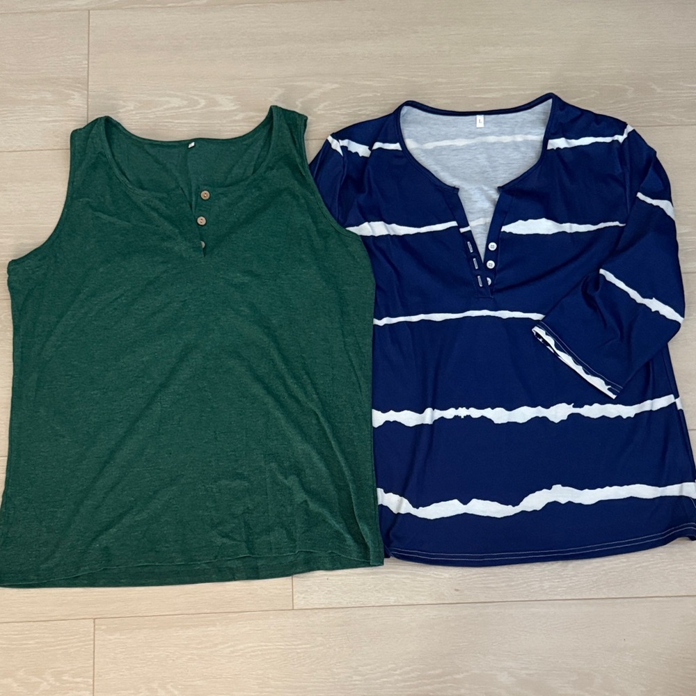 3/$10 Green Tank Top and Stylish Blue Striped Top Bundle of 2